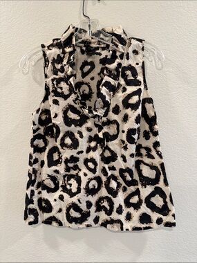 Ann Taylor Sleeveless Ruffle V-Neck Leopard Print Top - Black & Cream